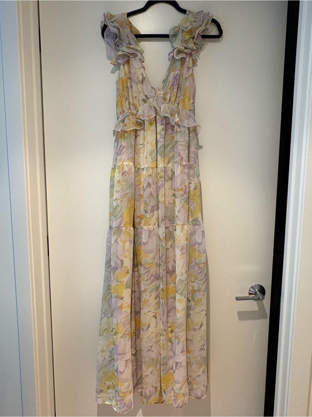 Floral Ruffle Maxi Dress in Pastel Yellow & Lavender